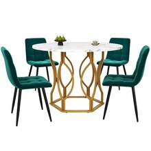 Dining Table Set (5 Pieces), Dining Table Set With 4 Chairs, Kitchen Table Set, Round Dining Table With 100 Cm Diameter And Gold Metal Legs, White MDF Tabletop, Dining Chairs Made Of Dark Green Velvet - Multicolor + MDF - View 11