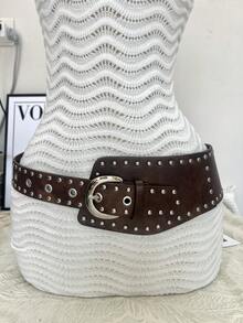 1pc Y2K American Girl Style Rivet Small Curved Waist Belt, New Arched Waistband Versatile Asymmetrical Waist Belt Fall, Autumn, Halloween - Brown Silver Buckle - View 5