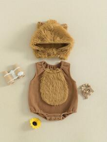 Disfraz de lobo de Halloween para bebé, mono de peluche con cuello redondo, sin mangas y retazos, con gorro, 2 piezas - Caqui - Ver 3