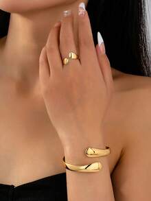 3pcs Fashionable Metallic Teardrop Cuff Bracelet, Ring & Earring Jewelry Set, Chunky Jewelry