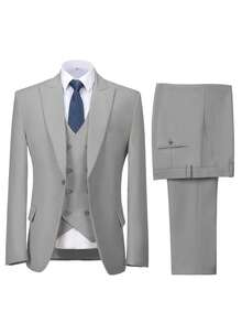 3PCS Plus Size Mens Suit Formal Business Wedding Prom Suit Male Groom Tuxedo, Solid Color, Blazer+Vest+Pant, Modern Fit Wedding Party Dinner Formal, Long Sleeves, Double Breasted, Machine Washable, Spring/Fall - Màu Xám nhạt - Xem 2