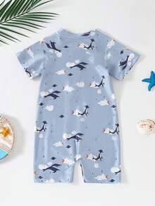 Baby BoyOne-Piece Swimsuit, Quick-Dry Cartoon Animal Print Swimwear, Cute Infant Beachwear - Dusty Blue - View 3