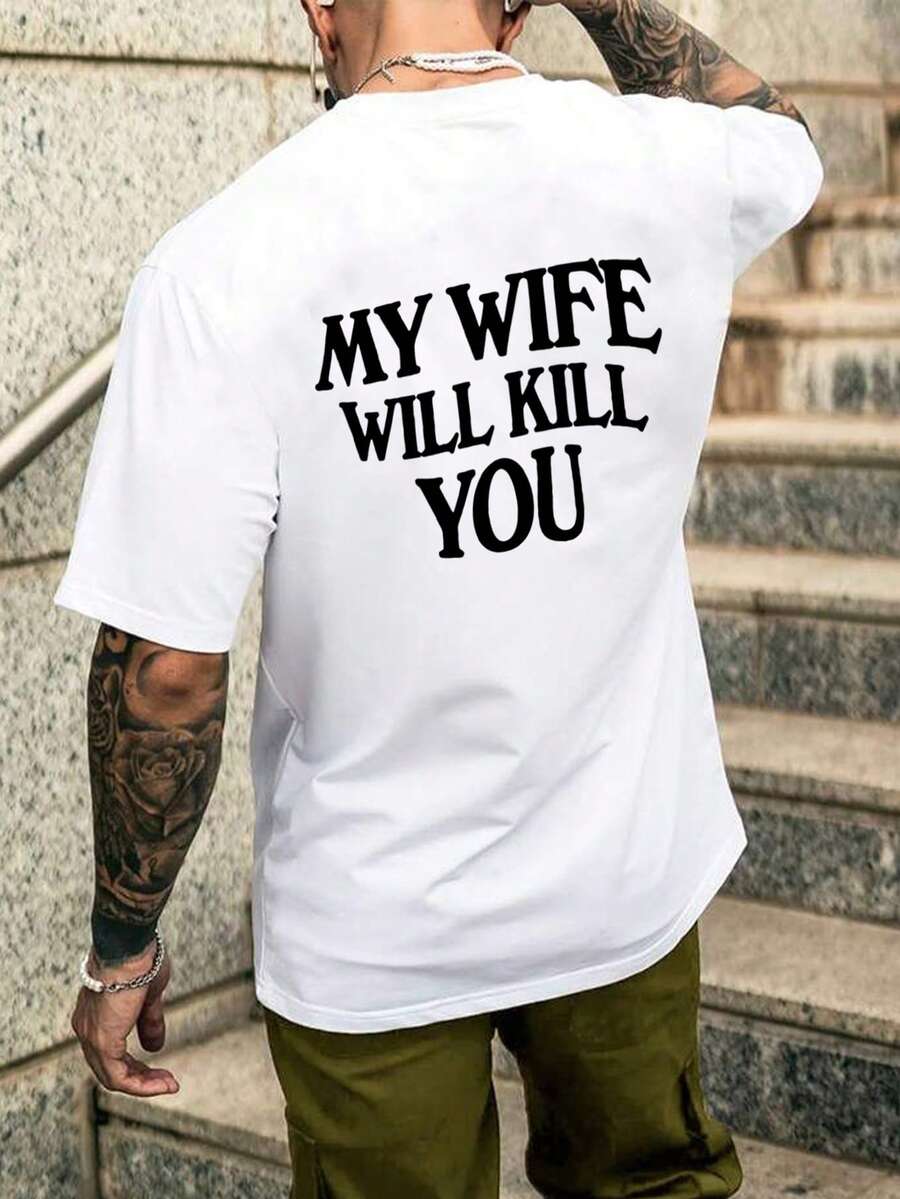 Men's Casual Everyday Street Slogan Print Short Sleeve White T-Shirt, Summer - White - View 1