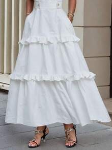 Women's Summer Clothes Sleeveless Cotton Dresses For Women Loose V-Neck Ruffled Tiered Wedding Guest Dress Women With Pockets High Waisted Buttoned Plus Size Dresses - White - View 3