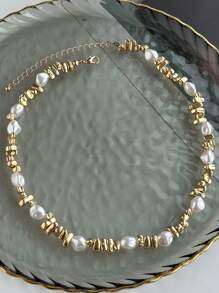 1pc Asymmetrical Faux Pearl Necklace, Pentagram Asymmetrical Clavicle Chain, Suitable For All Occasions, Ideal Gift