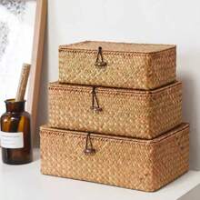 Natural Woven Storage Box With Lid, Handmade Textured, Rustic, Includes Wooden Cover For Dust Protection And Privacy, Large Capacity For Storing Underwear, Stationery, Suitable For Bedroom, Living Room, Creates A Pastoral Ambiance. Natural Material, And Durable, Keeps Desktops/Closets Tidy, Practical And Decorative Storage Solution