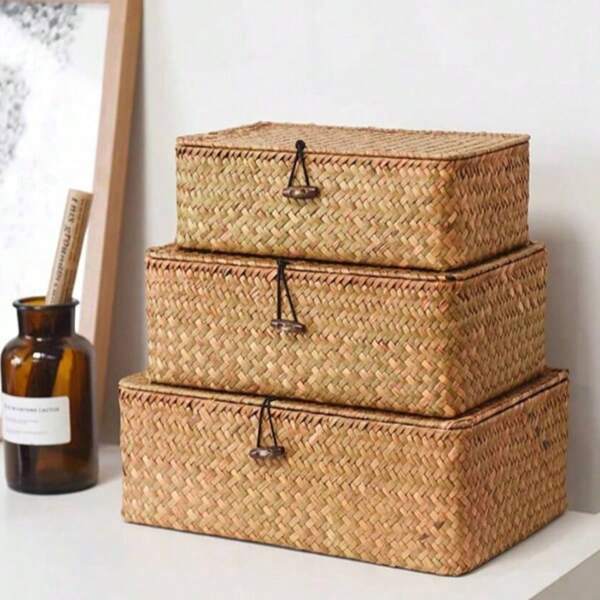 Natural Woven Storage Box With Lid, Handmade Textured, Rustic, Includes Wooden Cover For Dust Protection And Privacy, Large Capacity For Storing Underwear, Stationery, Suitable For Bedroom, Living Room, Creates A Pastoral Ambiance. Natural Material, And Durable, Keeps Desktops/Closets Tidy, Practical And Decorative Storage Solution