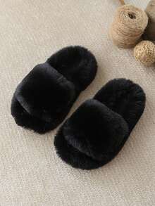 Fashionable & Simple Girls' Plush Slippers, Solid Color, Minimalist Design, Warm Fuzzy Winter House Shoes - Black - View 10