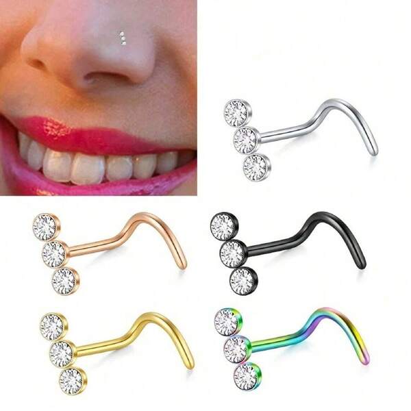 1 Stück minimalistischer Nasenring aus Edelstahl mit 3 Strass-Steinen, gebogener Nasenstecker Piercing Schmuck