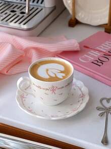 1pc Ins Style Afternoon Tea Cup Set, Korean Girly Pink Floral Bow Retro Ceramic Coffee Cup - White - View 1