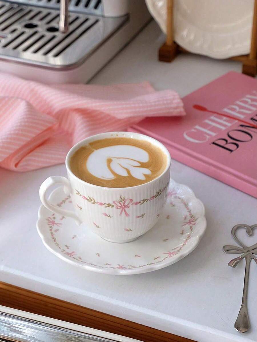1pc Ins Style Afternoon Tea Cup Set, Korean Girly Pink Floral Bow Retro Ceramic Coffee Cup - White - View 1