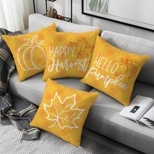 4pcs Yellow Plaid Background Lines Pumpkin Maple Leaves Fall Decor Throw Pillow Covers, 45*45cm Soft Peach Skin Material Cushion Covers For Sofa, Single-Sided Print With Zipper Closure For Various Room Types, Room Bedroom Living Room Home Couch Decor, Decorative Pillows Case