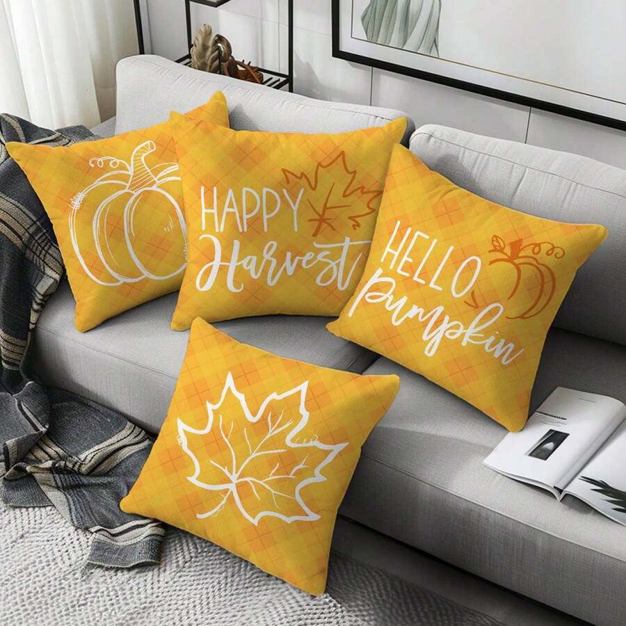 4 件黄色格子背景线条南瓜枫叶秋季装饰抱枕套，45*45 厘米柔软桃皮材质沙发靠垫套，单面印花拉链开合，适用于各种房间类型、房间卧室客厅家居沙发装饰，装饰枕头套