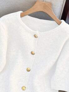 1 件女式纯色金属纽扣毛衣，休闲圆领短袖开衫，百搭针织毛衣上衣，秋冬