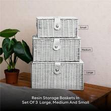 Set Of 3 White Woven Wicker Hamper Baskets - With Lid & Lock, Insert Handles, Decorative Storage For Toys, Clothes, Office & More - Default - View 3