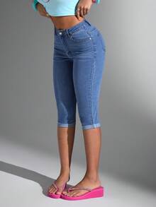 Jeanoix Quần Jeans Nữ Màu Trơn Phong Cách Đơn Giản Hàng Ngày - Màu xanh lam - Xem 1