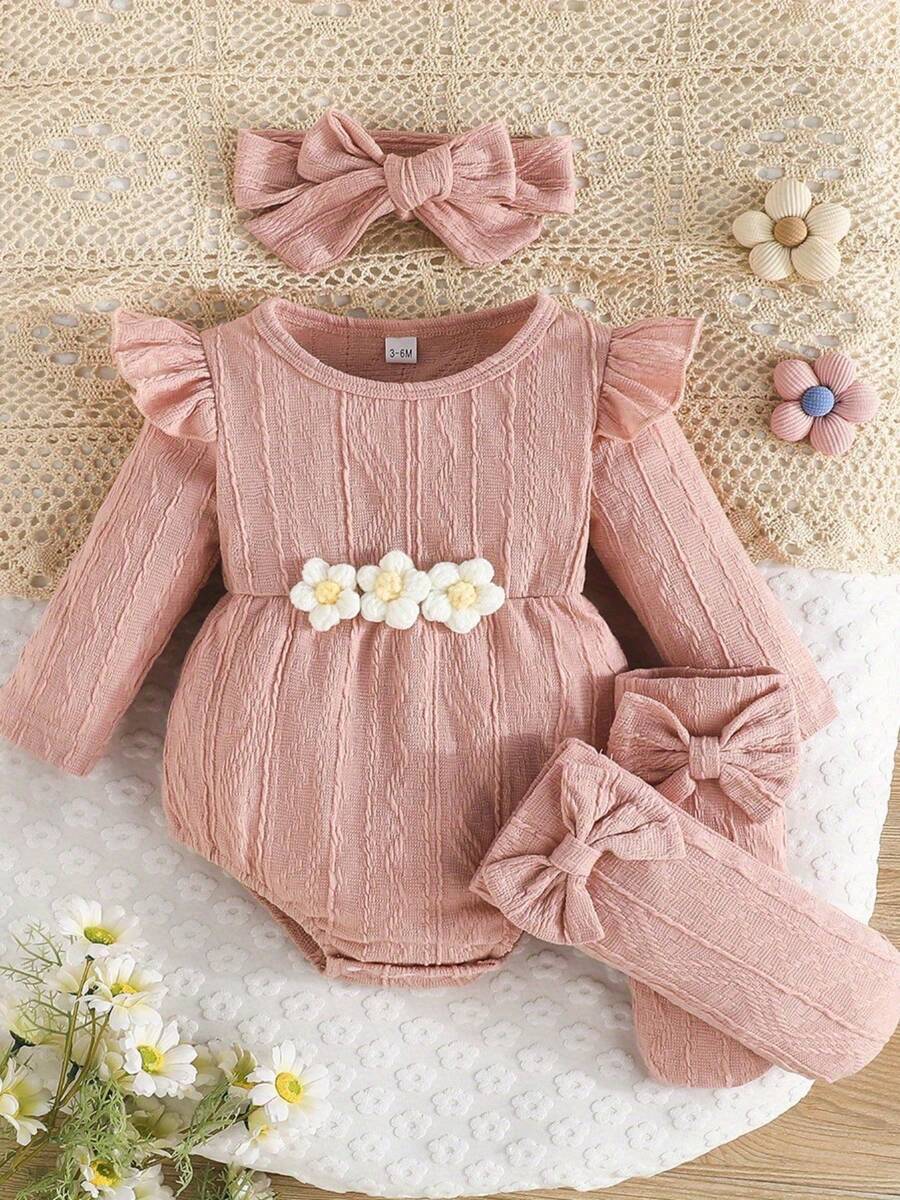 Conjunto de niña recién nacida, mono de flores de cuello redondo de manga larga con diadema y calcetines, ropa de otoño - Rosa - Ver 1