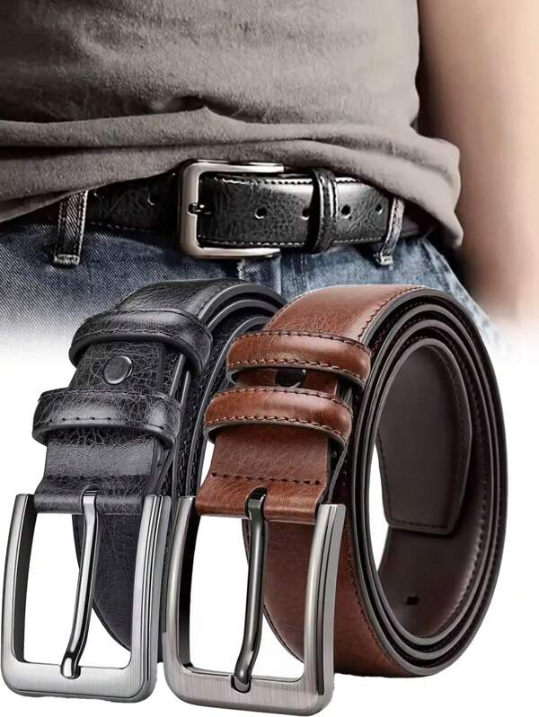 Cinto de couro masculino da moda, 2 peças, cinto de couro de alta qualidade, masculino, negócios, fivela de agulha, cinto de catraca ajustável aleatoriamente, casual, negócios, namorado, marido, pai, presente masculino, uso diário, moda, adolescente, ao ar livre, férias, atlético, viagem, rua, boho, vintage, outono, acessórios de outono-inverno de Halloween, adequado para adolescentes, jovens, homens, casual, ao ar livre, atlético, férias, presentes de formatura, aniversário, uso diário