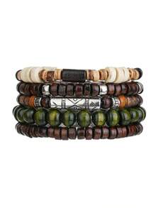 6pcs/Set Natural Coconut Shell & Wooden Bead Bracelet Set, Suitable For Daily Wear, Vacation, Travel Or Gift For Friends