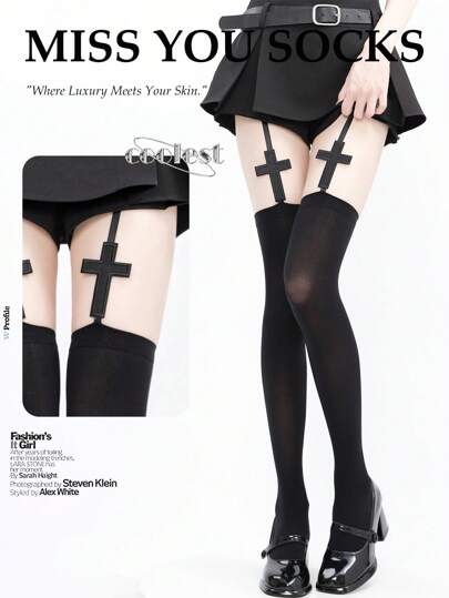 1pc Y2K Punk Style Cross Design Suspender Stockings, Sexy Black Thigh High Gothic Socks For Slim Millenial Gal