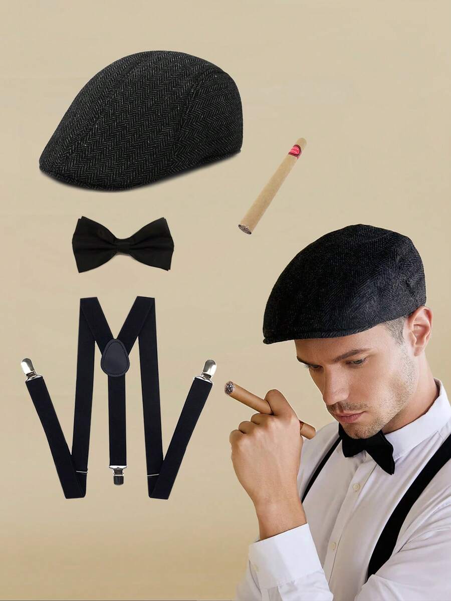 D EXCEED 2/4/5/8 Pcs 1920s Men's Berets, Ties, Bowties & Suspenders, Retro Gatsby Costume Accessories For Cosplay, Halloween, Roaring 20s Dinners & Themed Parties