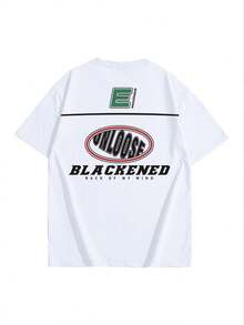 Camiseta de manga corta casual y holgada para hombre con estampado de letras, estilo deportivo de carreras de motocicletas, ligera para primavera y verano - Blanco - Ver 3