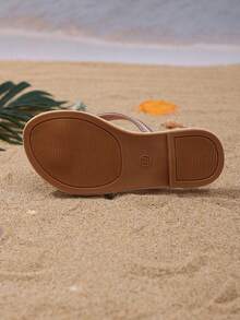 1 双加大码女童时尚拖鞋，柔软亮面 PU 材质，浪漫水钻装饰，圆头人字拖，适合女学生休闲、沙滩、派对、夏季 - 粉色 - 查看 9