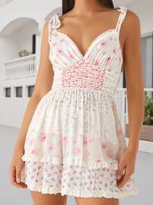 Women Floral Tie Shoulder Dress Slim V Neck Spaghetti Strap Backless A-Line Mini Layered Ruffle Dress For Daily Outdoor - 粉色 - 查看 1