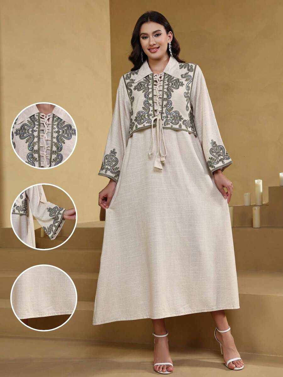 ASBB 重工珠飾刺繡阿拉伯女式 JALABIYA 連衣裙，前綁帶設計與襯衫領，杏色優雅洋裝，2026年秋季派對度假休閒穿搭