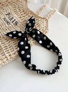 1 件优雅兔耳头带，黑白波尔卡圆点蝴蝶结设计，高品质缎面时尚头饰，百搭女士发饰配饰，蝴蝶结配饰，学校用品，学院风，头带秋季配饰