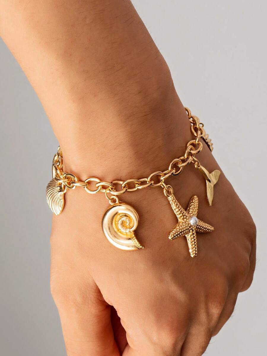 1 件合金海马、贝壳、美人鱼吊坠手链，时尚珠宝适合日常佩戴和度假，送给朋友的礼物 - 金色 - 查看 1