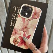 1pc White Textured Matte Minimalist Lens Protection Phone Case With 7pcs Cute Red Orchid Flower Pattern, Compatible With IPhone 16 Pro Max, 15, 14 Plus, 13, 12, 11 Waterproof Shockproof Anti-Fall Scratch Resistant