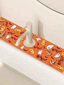 1pc 10*38cm (3.93*14.96inch) Halloween Decorative Sink Mat, Pumpkin & Ghost Print Kitchen Sink Countertop Protector Pad, Adding Holiday Atmosphere, Halloween Home Party Decor, Cute Orange BOO Theme - Multicolor - View 3