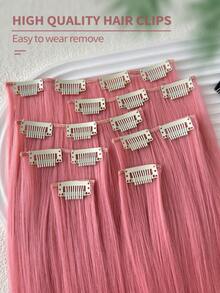 7片/套 24英寸直发夹式接发片，合成全头假发片，女士适用，粉色 - 粉色 - 查看 8