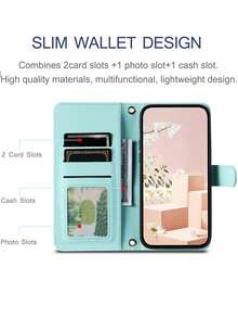 AWQUER Wallet Flip Cover Protective Case Compatible With Samsung Galaxy 16E/16/15/14/13/12/Mini/11 Pro/X/XS Max/XR/8/7/6 Plus/SE (2020/2022 Models), Credit Card Slots, PU Leather Material - Mint Green - View 4