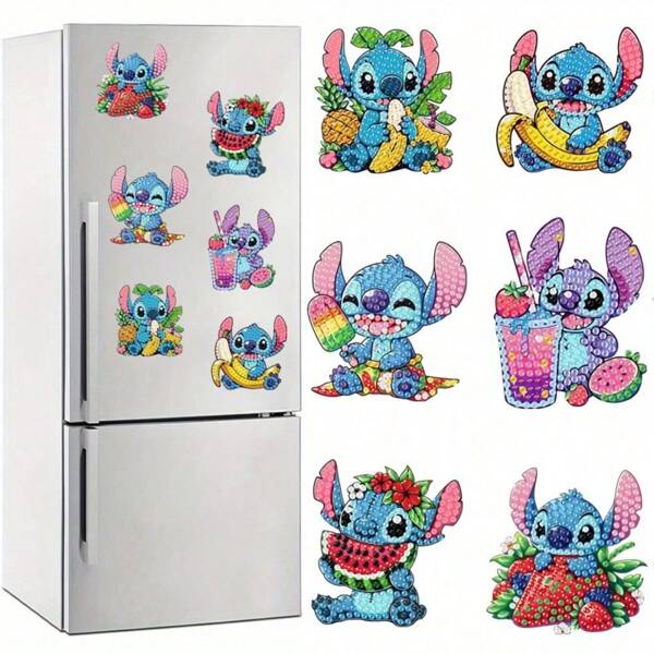 Disney 6pcs Diamond Painting Stitch Playing Music Quadrilateral Refrigerator Sticker Set, Handmade Refrigerator Magnetic Art Crafts, Diamond Art Stickers, Festive Party Decor