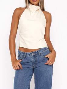 Women's Halter Neck Satin Tank Tops Mock Neck Sleeveless Backless Shirts Solid Color Slim Fit Crop Tops Summer High Neck Vest Camisoles Holiday Beachwear Party Clubwear - 白色 - 查看 3