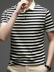 针织男士条纹Polo衫 - 时尚舒适 - 针织 - 黑色 - 查看 4