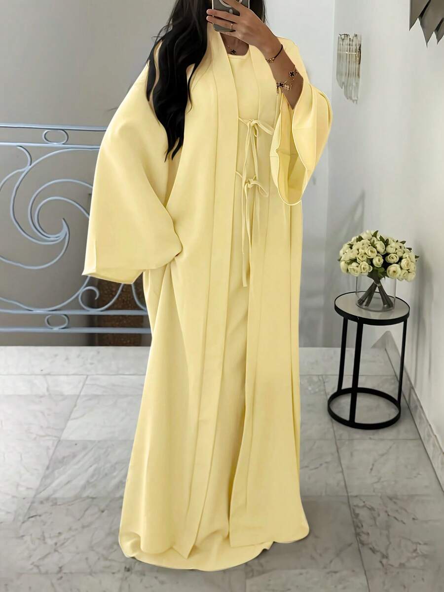 Women's Elegant Sleeveless Robe And Bowknot Long Cardigan Two Pieces Set - Light Yellow - View 1