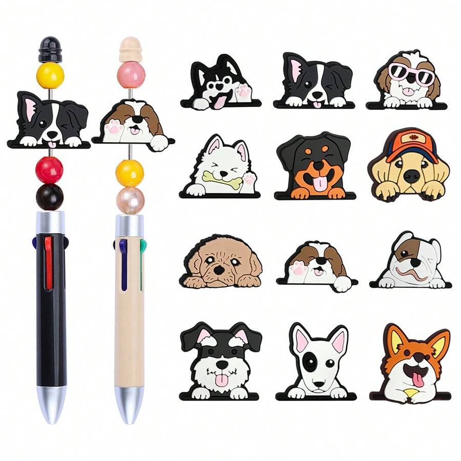 9pcs/12pcs Pet Dog Series Focal Beads Set, Cute Labrador Corgi Paw Print Cartoon Pattern Beads For Keychain Pen Decoration DIY Accessories, Pen Not Included