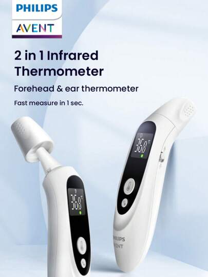 PHILIPS Thermomètre frontal numérique sans contact 2-en-1 Philips pour adultes et adolescents - Écran LCD avec alarme de fièvre, fonction mémoire, thermomètre frontal + thermomètre auriculaire 2-en-1 Conception infrarouge sans contact d'imagerie thermique pour un suivi précis de la température, mémoire des données, fonctionnement sur pile, capteur de température, suivi de la santé, conception ergonomique, mesure fiable, traceur de santé, soins à domicile