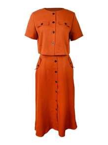 2pcs/Set Casual Round Neck Short Sleeve Buttoned Crop Top And Single Breasted Pocket A-Line Skirt Outfit