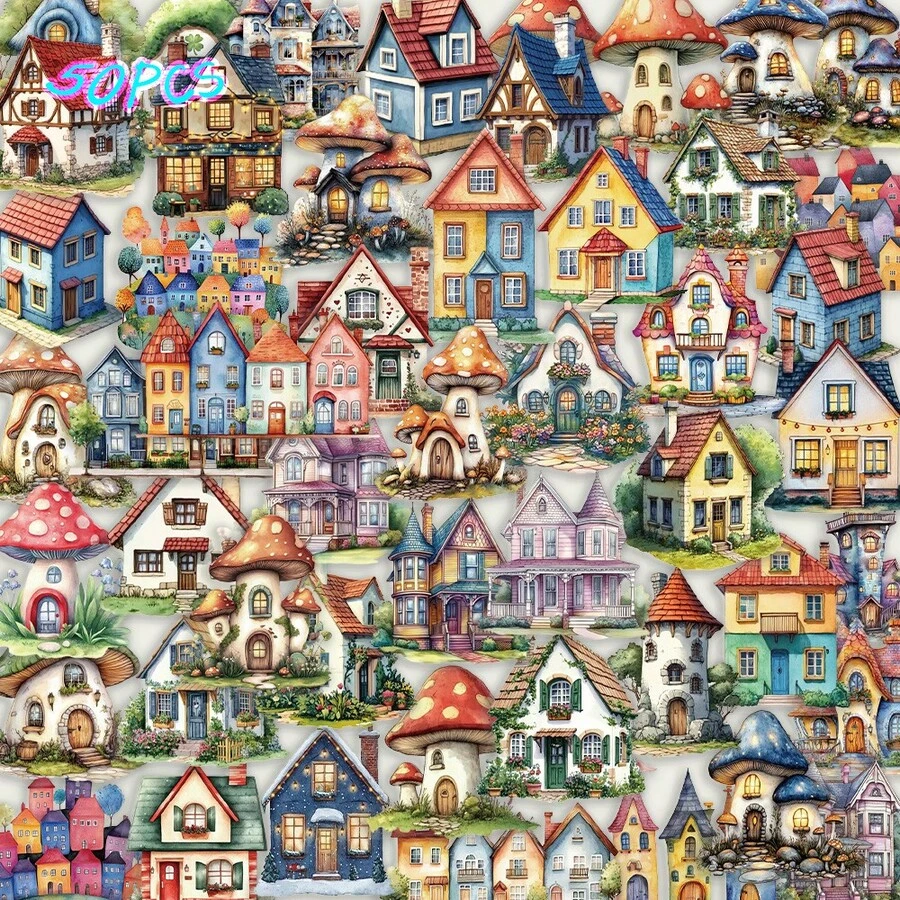 SCXXBSW 50pcs Transparent PET Stickers Fairy Tale Houses, DIY Decorative Luggage, Guitar, Notebook, Creative And Fun Cartoon Waterproof Stickers - Multicolor - View 1