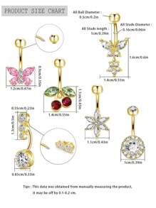 6 件时尚方晶锆石装饰蝴蝶形肚脐环，心形吊坠肚脐穿孔首饰适合男士、日常佩戴和节日礼物，不锈钢弯杆肚脐环镶嵌闪亮水钻 - 彩色 - 查看 3