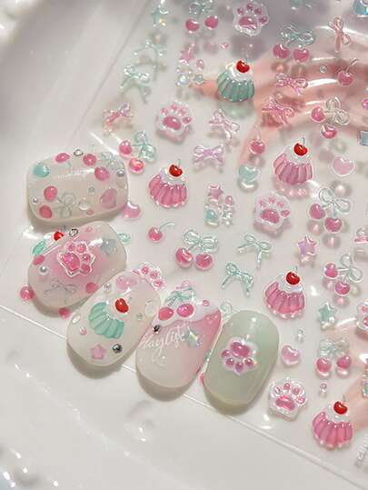 Beautizon Nailartlab 1 Sheet 5D Jelly Nail Stickers, Luxury Cute Cherry Pudding Nail Stickers, Self-Adhesive Nail Stickers, DIY Nail Design, Salon Nail Decoration Stickers