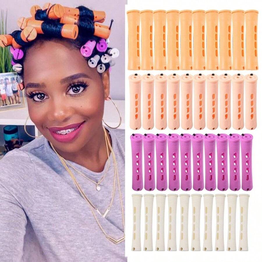 QY 40pcs Perm Rods Set For Natural Hair 4 Sizes Cold Wave Rods Hair Rollers For Women Hair Curling Rods For Long Medium Small Hair Curler Styling DIY Hairdressing ToolsOrange+Beige+Purple+White 1613 - 1 個(一包 40 個) - 查看 1