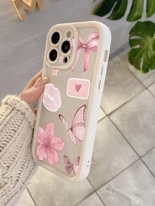 1 pieza Funda protectora de teléfono con diseño de patrón floral de lazo de labios de mariposa, anti-caída y gruesa, compatible con iPhone 11 Pro Max/12 Pro Max/13 Pro Max/14 Pro Max/15 Pro Max/16 Plus/16 Pro Max, 16E, Galaxy A55/Galaxy A15/Galaxy S24 Ultra/Redmi, OPPO/Realme, VIVO, Infinix, Honor, MOTO, One Plus - Blanco - Ver 3