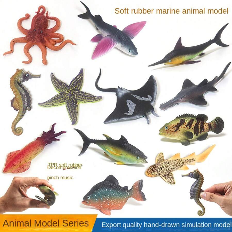 Juguetes realistas de criaturas marinas de silicona suave, modelo de juego de simulación, regalos para niños, decoración y aprendizaje, incluye medusa, caballito de mar, piraña, pulpo, pez volador, estrella de mar, calamar, atún, pez sierra, mero, tiburón cebra, compañero para el crecimiento del niño