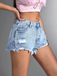 Jeanoix Summer Casual Washed Ripped Frayed Denim Shorts - Light Wash - View 4