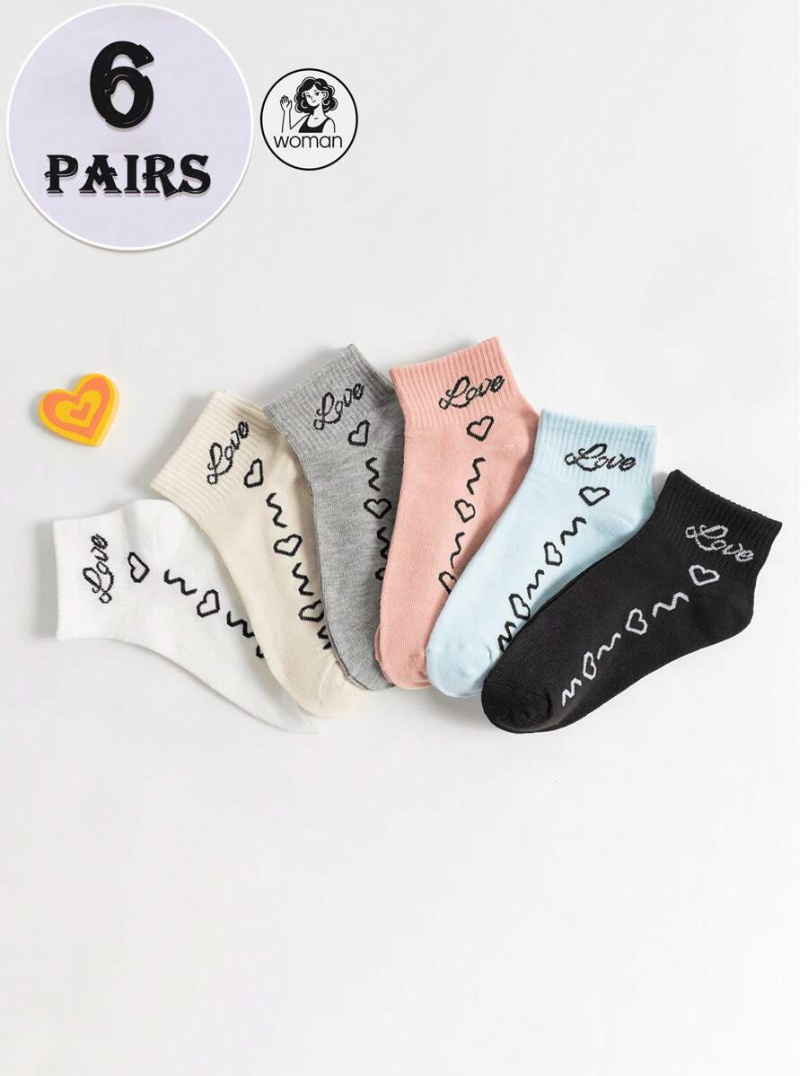 6 أزواج جوارب قصيرة للنساء بنمط حب موضة، متعددة الألوان، متناسقة، مريحة للارتداء اليومي
